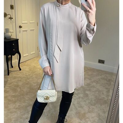 Oversized High Neck Tunic Top with Brooch Details in Beige