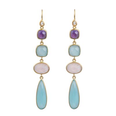 Gold Plated Sterling Silver Long Gemstone Earrings with Amethyst, Aqua Chalcedony and Rose Quartz