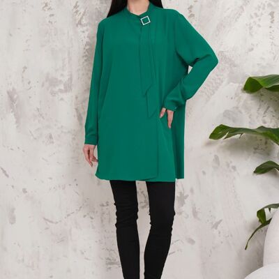 Oversized High Neck Tunic Top with Brooch Details in Dark Green