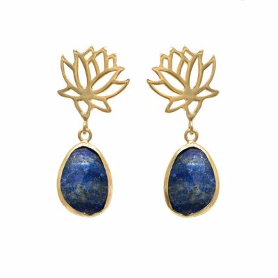 Lotus Earrings in Gold Plated Sterling Silver with a Lapis Lazuli Gemstone Drop