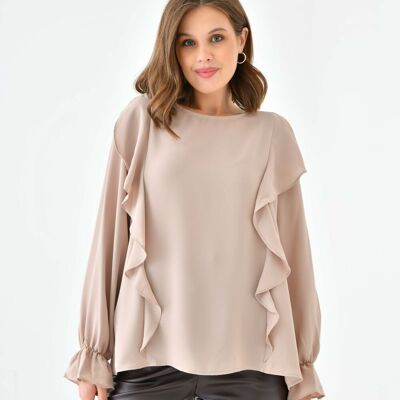 Camicetta oversize con volant sul davanti e polsini dettagliati in beige