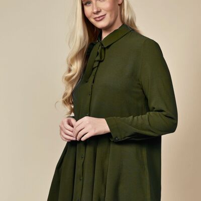 Oversized Long Sleeve Relaxed Pleated Fit Shirt with Tie Detail in Khaki