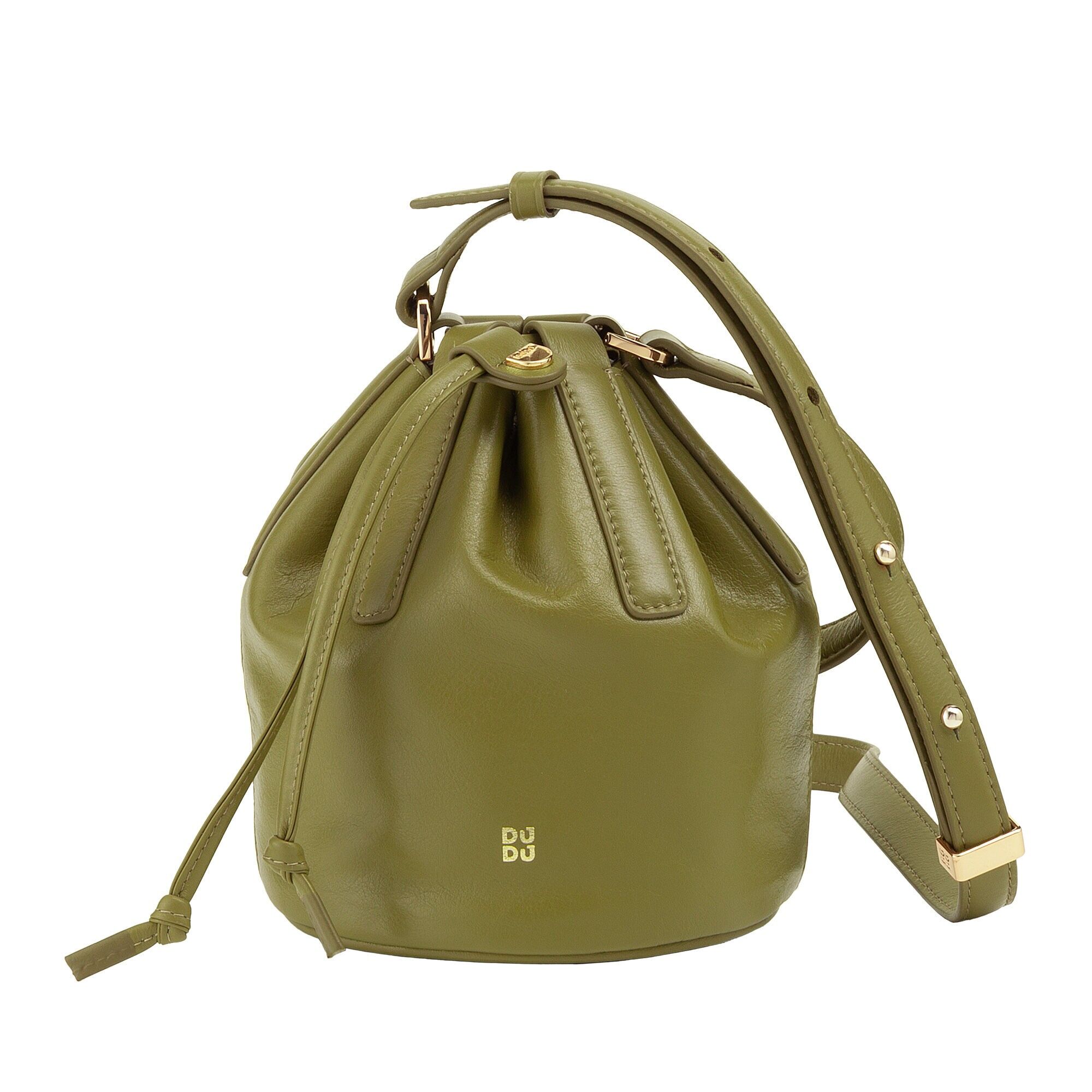 Borsa a secchiello con coulisse in pelle Dudu piccola verde oliva