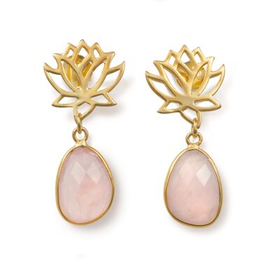 Lotus Earrings in Gold Plated Sterling Silver with a Rose Quartz Gemstone Drop