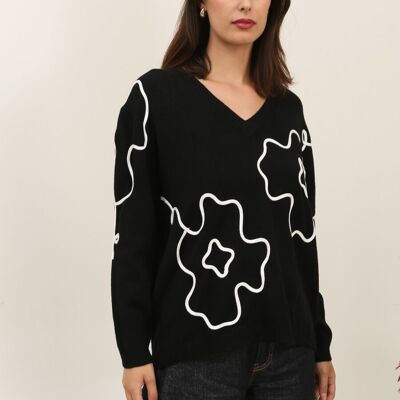 Suéter de cuello en V con estampado floral: minimalismo gráfico y comodidad moderna