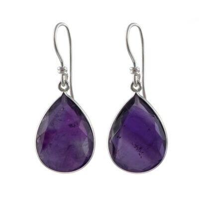 Amethyst Sterling Silver Earrings with a Tear Drop Shaped Gemstone