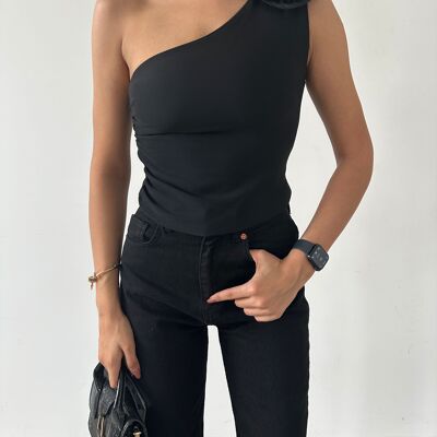 Black asymmetrical flower top