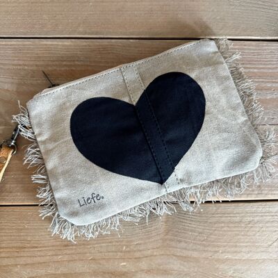 Bolso de mano Boho corazón negro (lona ligera vintage) NUEVO