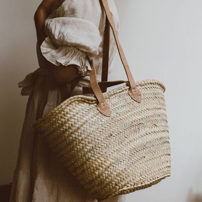 Generous French Market Basket Bag – Handwoven Palm Leaf & Leather Tote