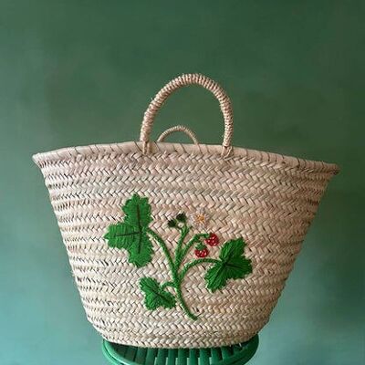 Hand Embroidered Market Basket – Wild Strawberry Design | Handmade & Sustainable