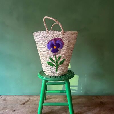 Hand Embroidered Basket – Pansy Design | Artisan Palm Leaf Storage & Market Bag