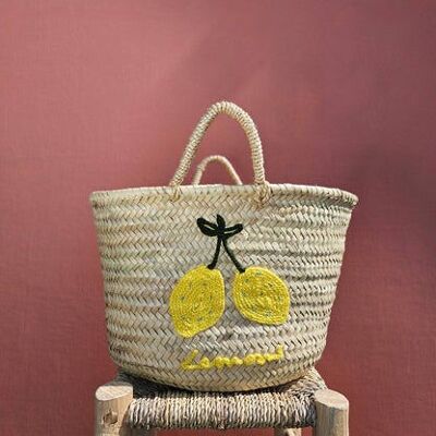 Hand Embroidered Lemon Market Basket | Eco-Friendly Palm Leaf Tote | Handmade in Morocco