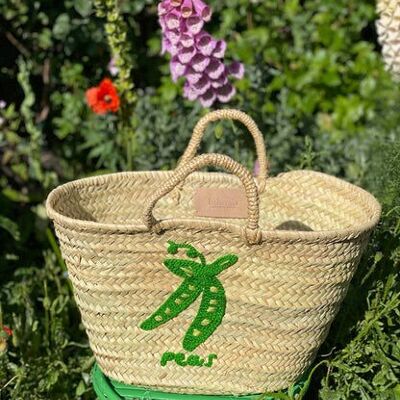 Cesta de guisantes bordada a mano | Bolsa ecológica de hoja de palma | Hecha a mano en Marruecos