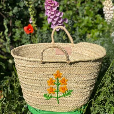 Cesta Cosmos bordada a mano | Bolso ecológico de hoja de palma | Hecho a mano en Marruecos