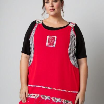 Completo tunica ricamata rossa con t-shirt taglie forti (A592)