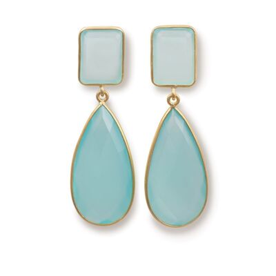 Long Statement Earrings with a Rectangle Stone and Long Pear Shaped Stone Drop  - Aqua Chalcedony