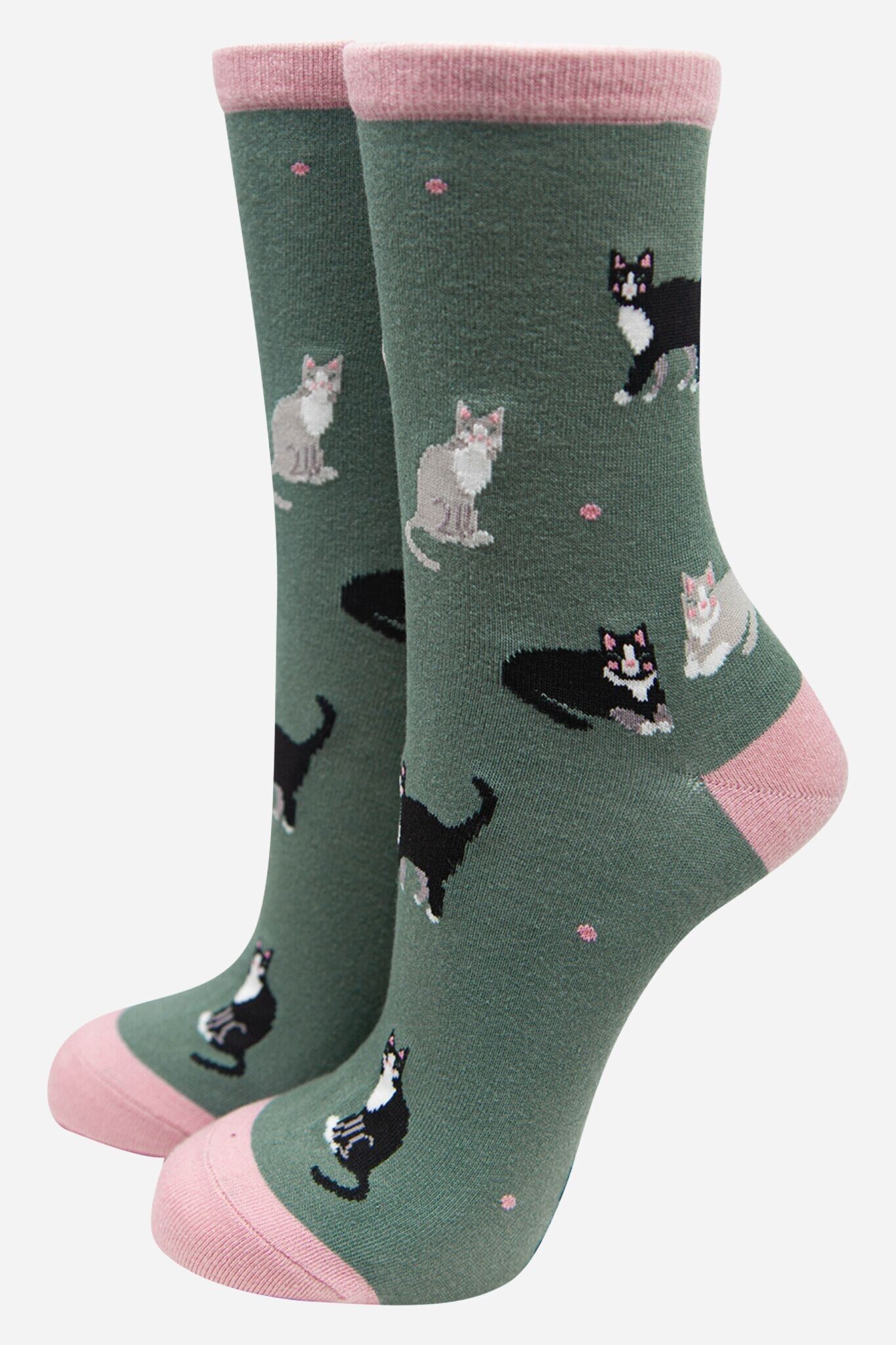 Damen-Socken aus Bambus, schwarze Katze, Söckchen, Katzenmuster, Neuheitssocke, Grün