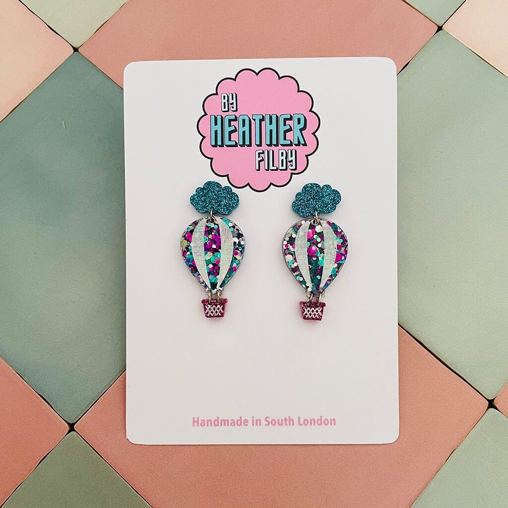 Blaue Glitzer-Heißluftballon-Harz-Ohrringe