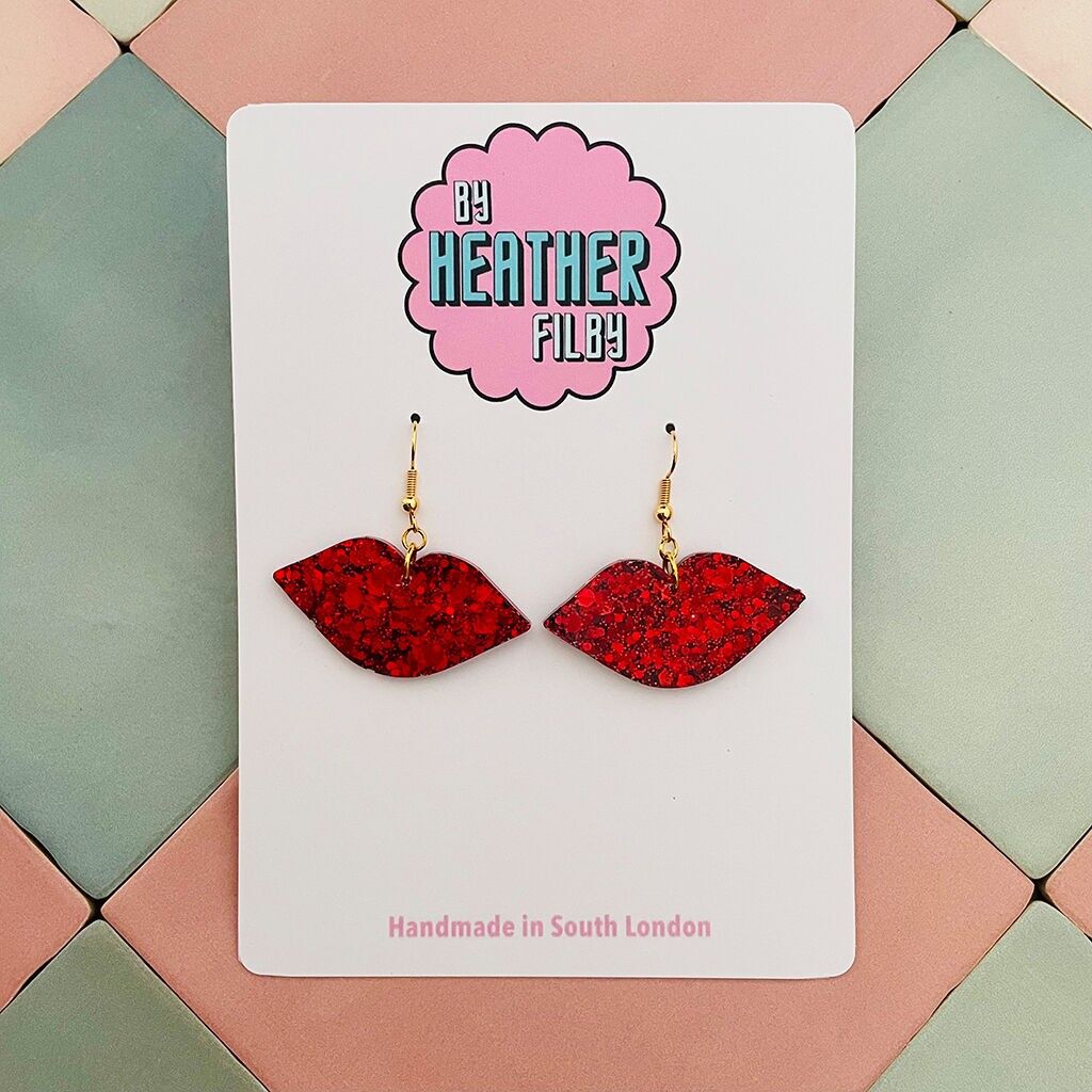 Rote Lippen Glitzer Harz Ohrringe