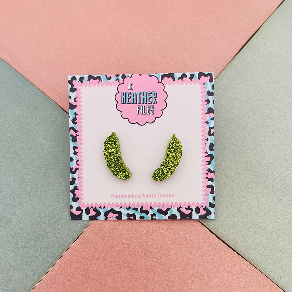 Green Pickle Gherkin Glitter Resin Stud Earrings