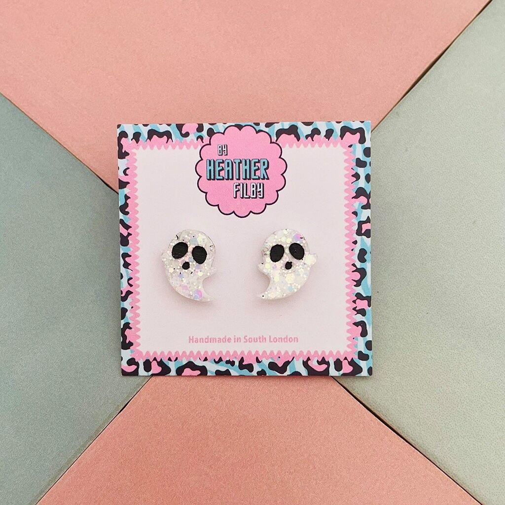 Orecchini a bottone in resina glitterata per Halloween a forma di fantasma bianco