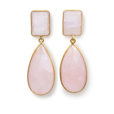 Long Statement Earrings with a Rectangle Stone and Long Pear Shaped Stone Drop - Rose Quartz