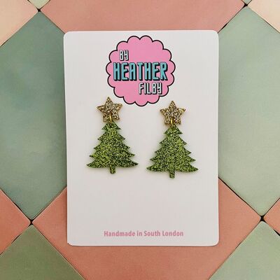 Boucles d'oreilles en résine à paillettes vertes et dorées, motif sapin de Noël et étoiles