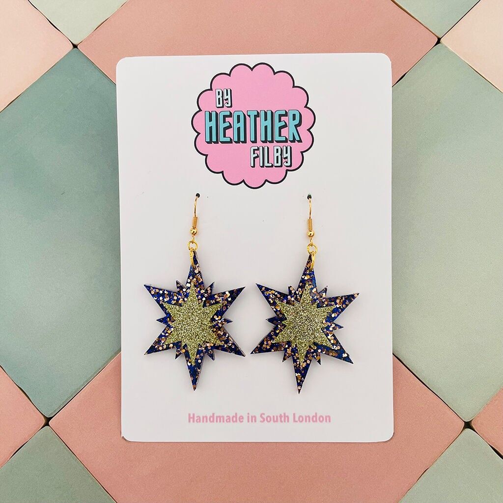 Orecchini natalizi in resina glitterata con doppia stella blu e oro