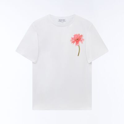 Maglietta unisex con motivo gerbera rosa corallo in bianco