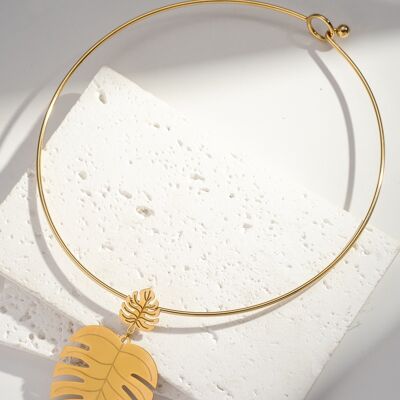 Gold tropical leaf choker necklace in stainless steel