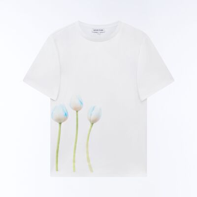 T-shirt unisexe blanc avec trio de tulipes bleu glacier