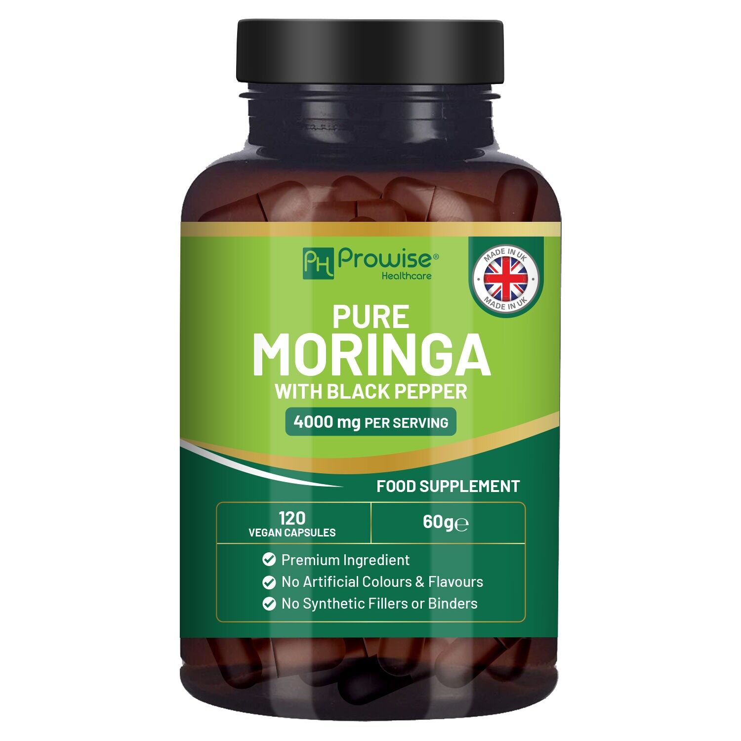 Pure Moringa Leaf 4000mg per Serving added with Black Pepper 120 Vegan Capsules | Moringa Oleifera Leaf Supplement | 100% Natural - No Synthetic Binders or Fillers | Extract & Powder combo by Prowise