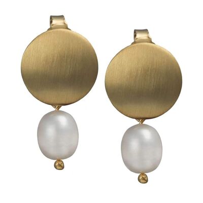 Brushed Gold Plated Silver Earrings - Pearl