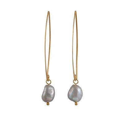 Gold Plated Long Sterling Silver Threader Earrings with Grey Pearl Drop