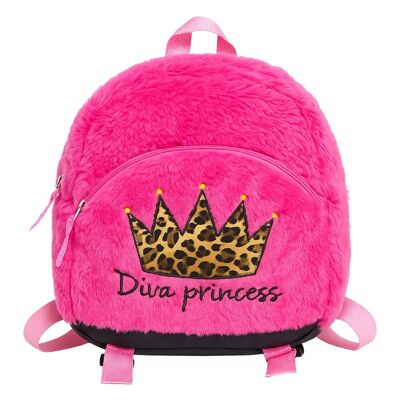 Girls' Backpack 27cm Pink Soft Plush Diva Princess Model Ideal for Kindergarten and Outings