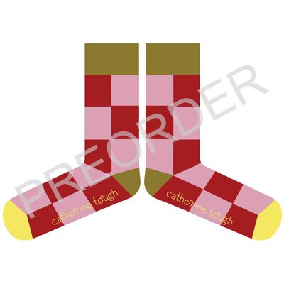 CHAUSSETTES - coton - femme - GROS CARREAUX - rouge/rose - TAILLE DE LA BOÎTE 3