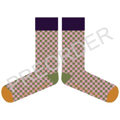 ANKLE SOCKS - cotton - women's - CHECK - dusky pink/khaki - CASE SIZE 3