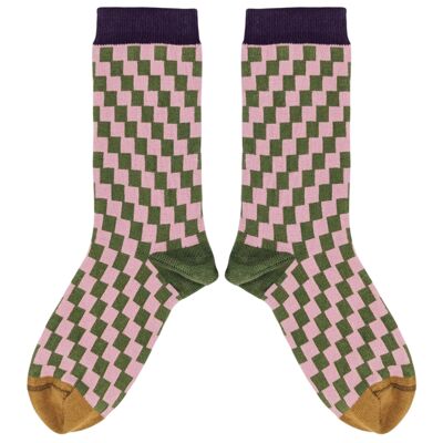 CALZINI ALLA CAVIGLIA - cotone - donna - A QUADRI - rosa antico/kaki - TAGLIA 3
