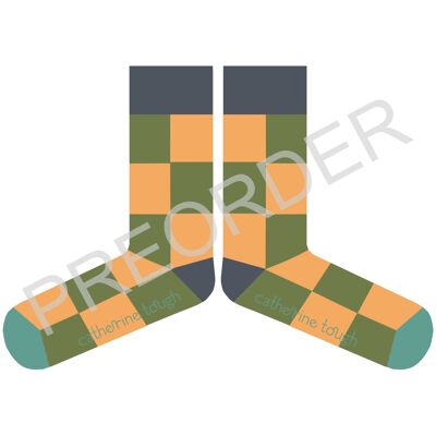 ANKLE SOCKS - cotton - women's - BIG CHECK - khaki/peach - CASE SIZE 3