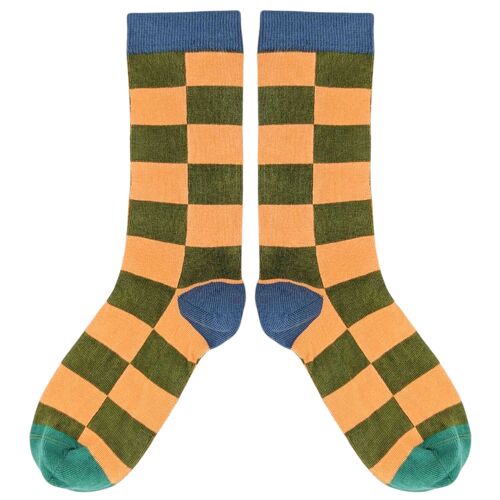 ANKLE SOCKS - cotton - women's - BIG CHECK - khaki/peach - CASE SIZE 3