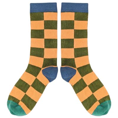 CALZINI ALLA CAVIGLIA - cotone - donna - BIG CHECK - kaki/pesca - TAGLIA 3