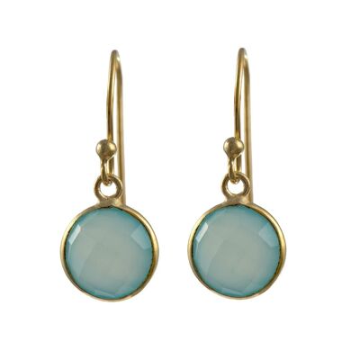 Aqua Chalcedony Gold Plated Sterling Silver Earrings with a Round Faceted Gemstone Drop