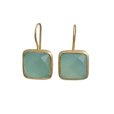 Gold Plated Sterling Silver Square Gemstone Earrings - Aqua Chalcedony