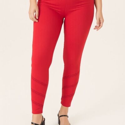 Legging rouge grande taille avec bande dentelle et strass (B225)