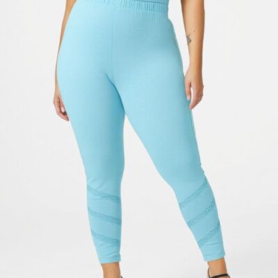 Legging turquoise grande taille avec bande dentelle et strass (B225)