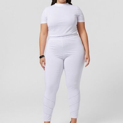 Plus size white leggings with lace band and rhinestones (B225)