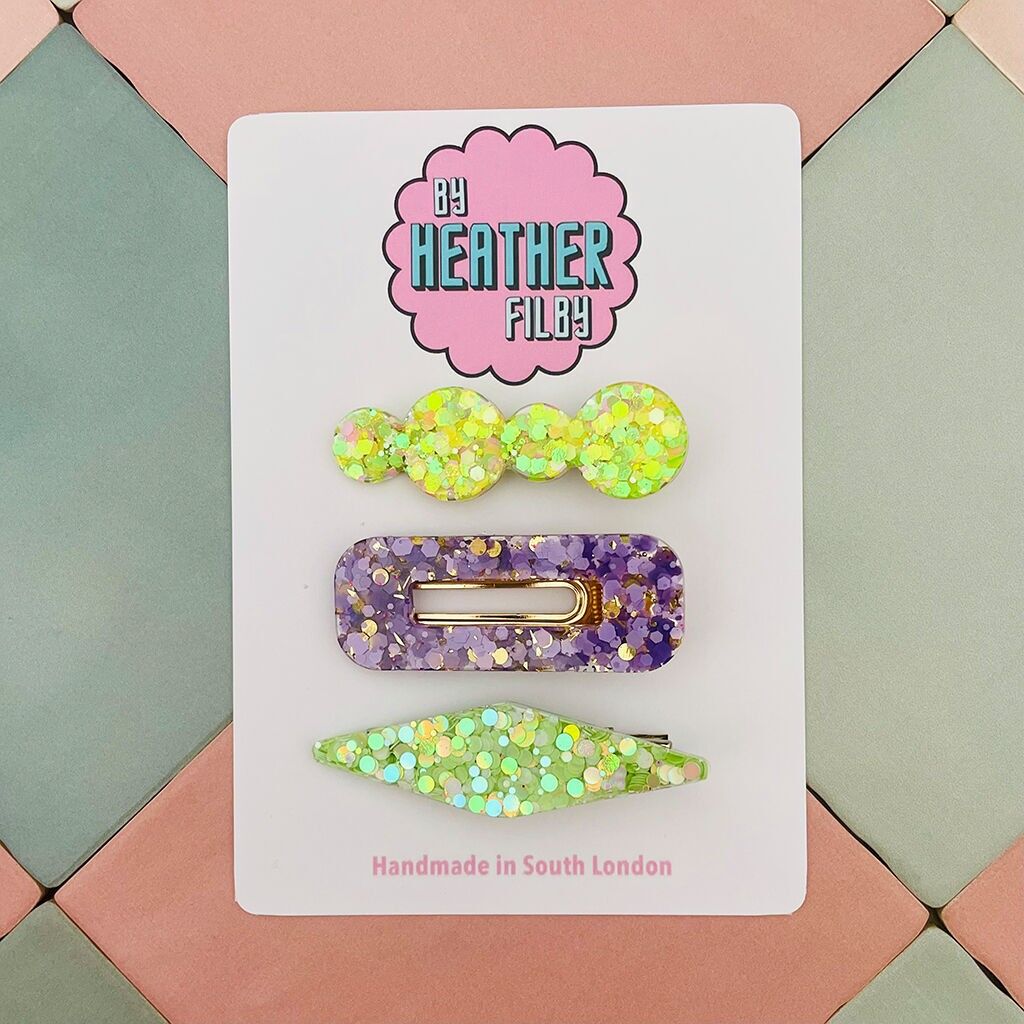 Fermagli per capelli in resina glitterata lilla e verde - Confezione da 3