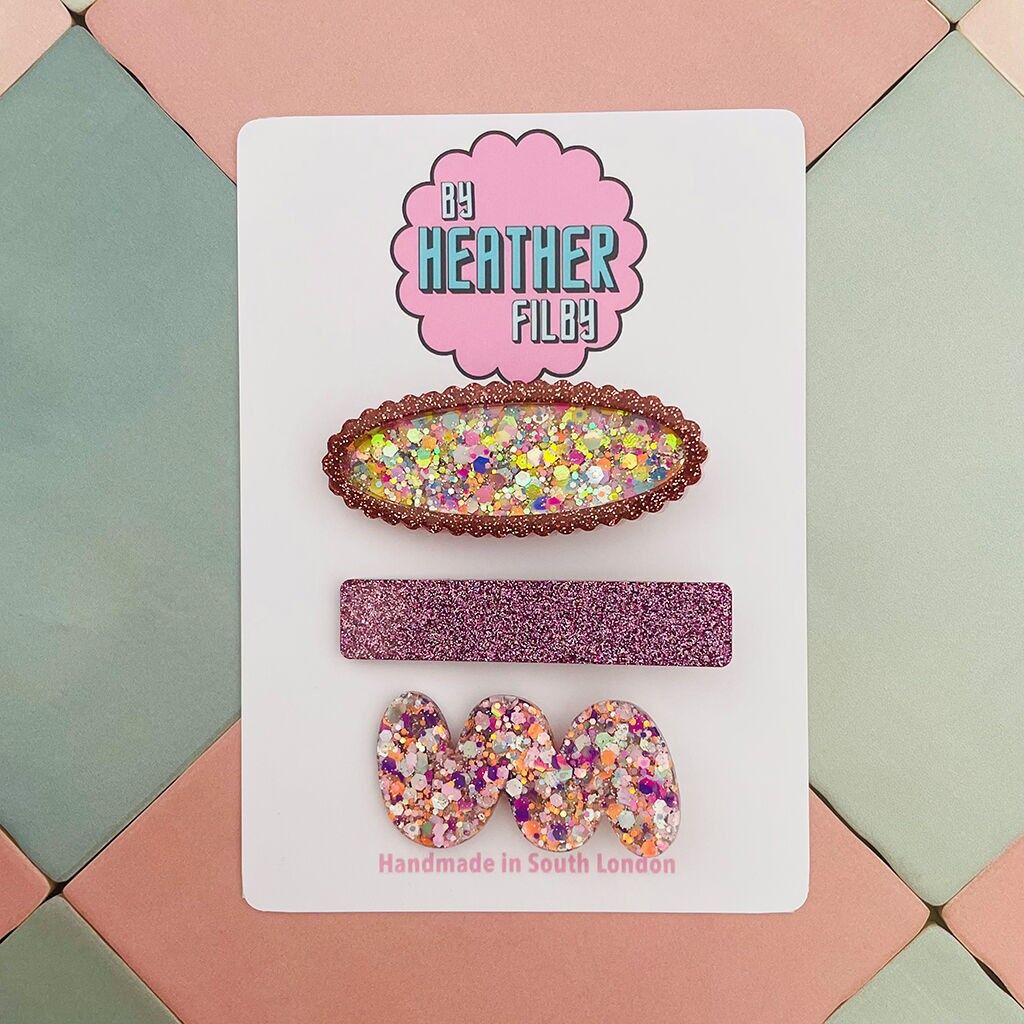 Fermagli per capelli in resina glitterata rosa - Confezione da 3