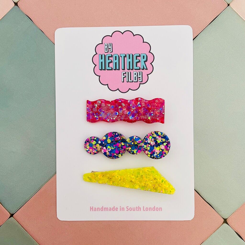 Fermagli per capelli in resina glitterata assortiti rosa, blu e giallo - Confezione da 3