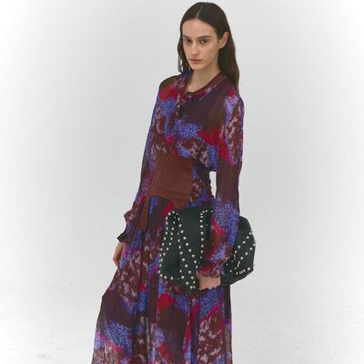Léonie - Long dress in flowing voile with feline print